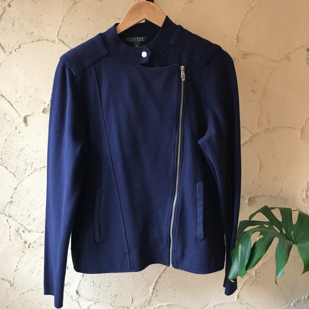 New! Ralph Lauren Navy Knit Moto Jacket - Picture 1 of 10